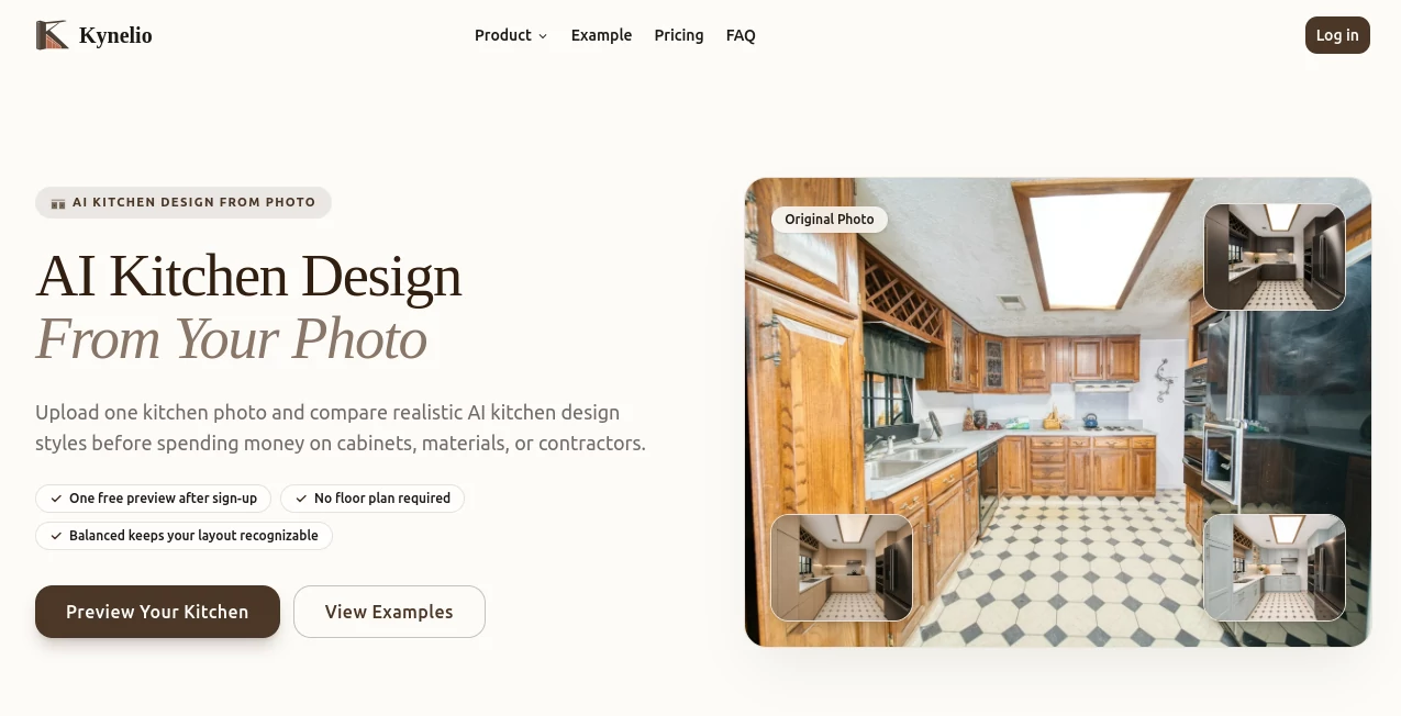 Screenshot of Kynelio – An AI tool in the ,AI Photo & Image Generator ,AI Design Generator ,AI Interior & Room Design ,AI Design Assistant  category, showcasing its interface and key features.