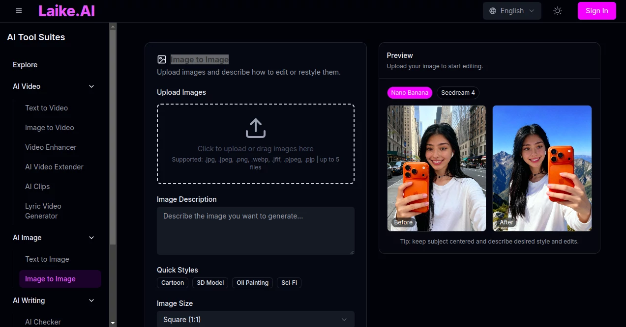 Screenshot of Laike AI - Image to Image – An AI tool in the ,AI Photo & Image Generator ,AI Image to Image ,AI Art Generator ,AI Design Generator  category, showcasing its interface and key features.