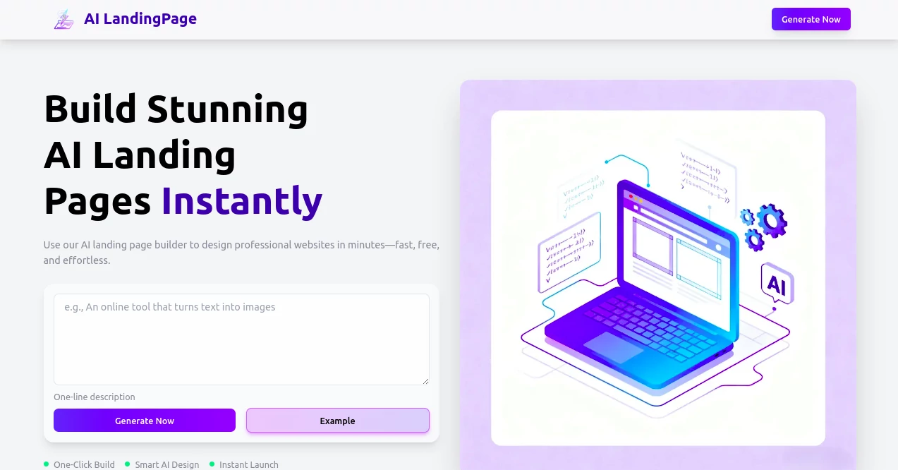 Screenshot of AI LandingPage – An AI tool in the ,AI Content Generator ,AI Landing Page Builder ,AI Website Builder ,AI Design Generator  category, showcasing its interface and key features.