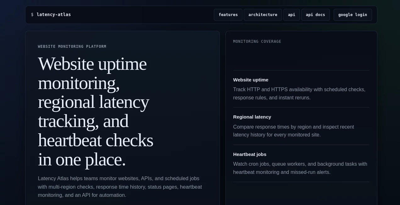 Screenshot of Latency Atlas – An AI tool in the ,AI DevOps Assistant ,AI Monitor & Report Builder ,AI API Design ,AI Developer Tools  category, showcasing its interface and key features.