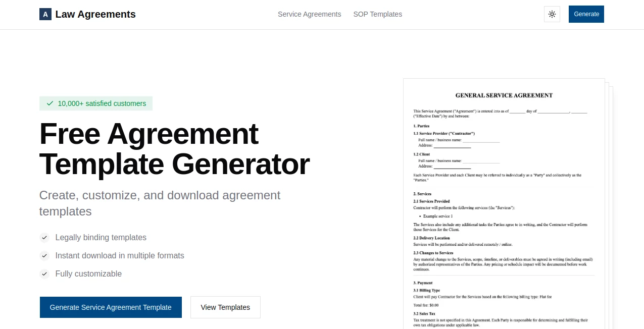 Screenshot of Law Agreements – An AI tool in the ,AI Legal Assistant ,AI Productivity Tools ,AI Contract Management ,AI Documents Assistant  category, showcasing its interface and key features.