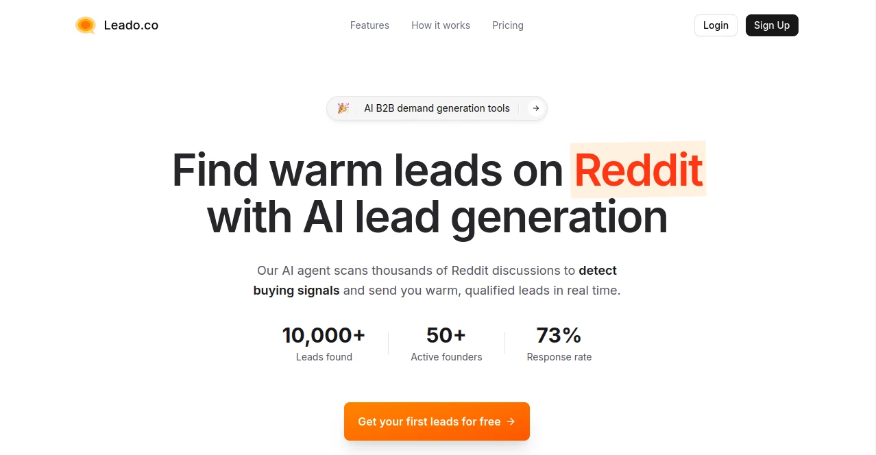 Screenshot of Leado.co – An AI tool in the ,AI Social Media Assistant ,AI Marketing Plan Generator ,AI Response Generator ,AI Lead Generation  category, showcasing its interface and key features.
