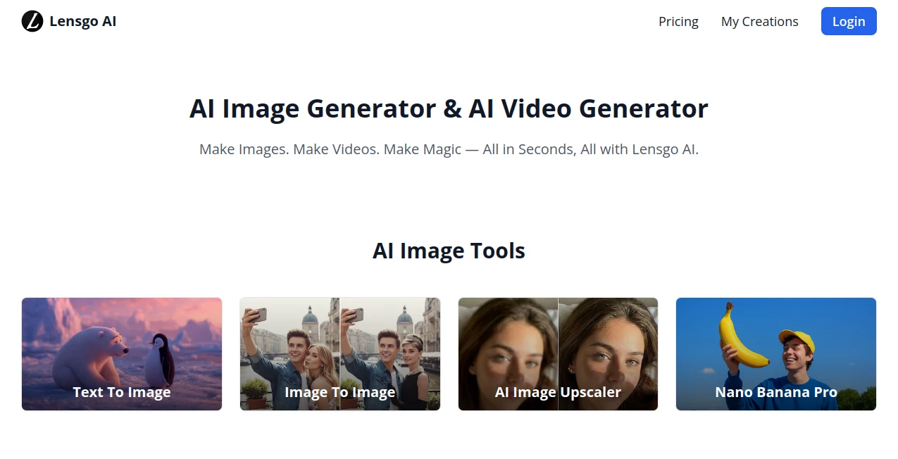 Screenshot of Lensgo AI – An AI tool in the ,AI Photo & Image Generator ,AI Video Editor ,AI Video Generator ,AI Art Generator  category, showcasing its interface and key features.
