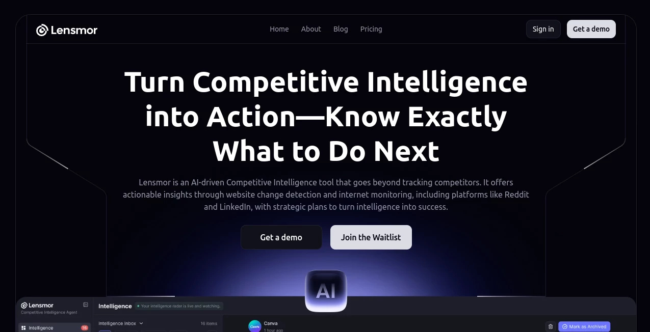 Screenshot of Lensmor – An AI tool in the ,AI Research Tool ,AI Business Ideas Generator ,AI Analytics Assistant ,AI Marketing Plan Generator  category, showcasing its interface and key features.