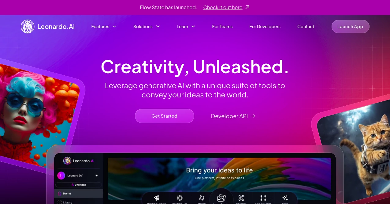 Screenshot of Leonardo.ai – An AI tool in the ,AI Image to Video ,AI Video Generator ,AI Graphic Design ,Prompt ,AI Animated Video ,AI Art Generator ,AI Character ,AI Anime & Cartoon Generator ,AI Advertising Assistant ,AI Lip Sync Generator ,AI UGC Video Generator ,AI Thumbnail Maker ,AI Text to Video ,AI Video Enhancer ,AI Video Editor ,AI Music Video Generator ,AI Image to Image ,AI Illustration Generator ,AI Photo & Image Generator ,AI Text to Image  category, showcasing its interface and key features.