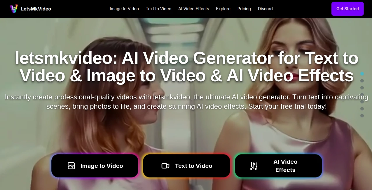 Screenshot of LetsMkVideo – An AI tool in the ,AI Animated Video ,AI Image to Video ,AI Text to Video ,AI Video Generator  category, showcasing its interface and key features.
