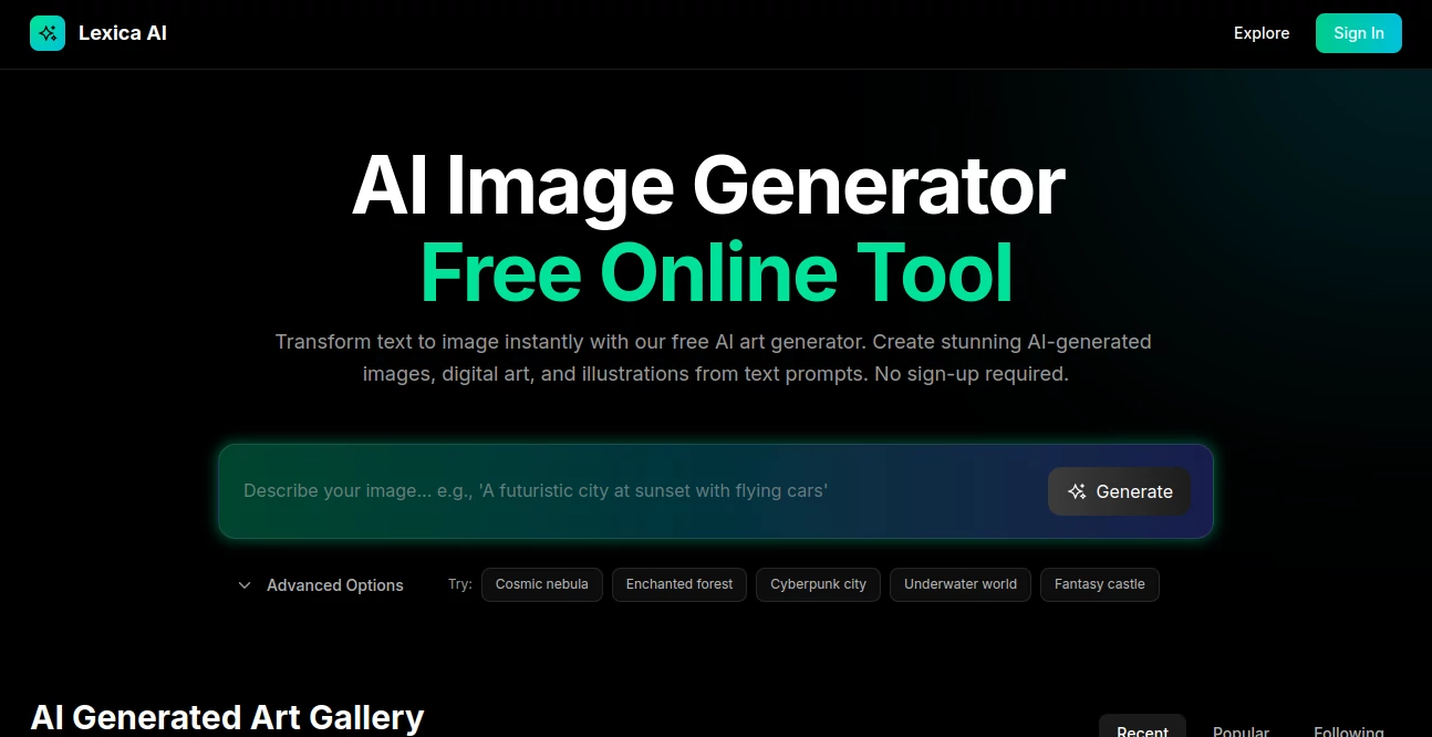 Screenshot of Lexica AI – An AI tool in the ,AI Text to Image ,AI Photo & Image Generator ,AI Art Generator ,AI Design Generator  category, showcasing its interface and key features.