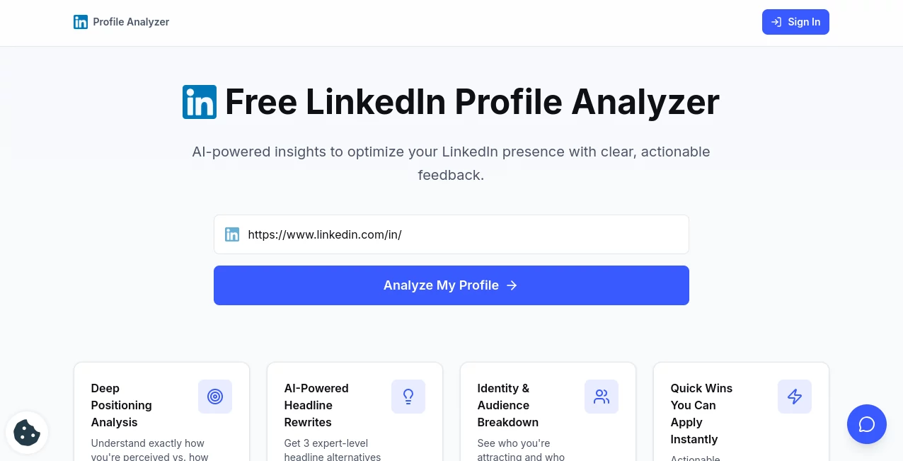 Screenshot of LinkedIn Profile Analyzer – An AI tool in the ,AI Content Generator ,AI Research Tool ,AI SEO Assistant ,AI Social Media Assistant  category, showcasing its interface and key features.