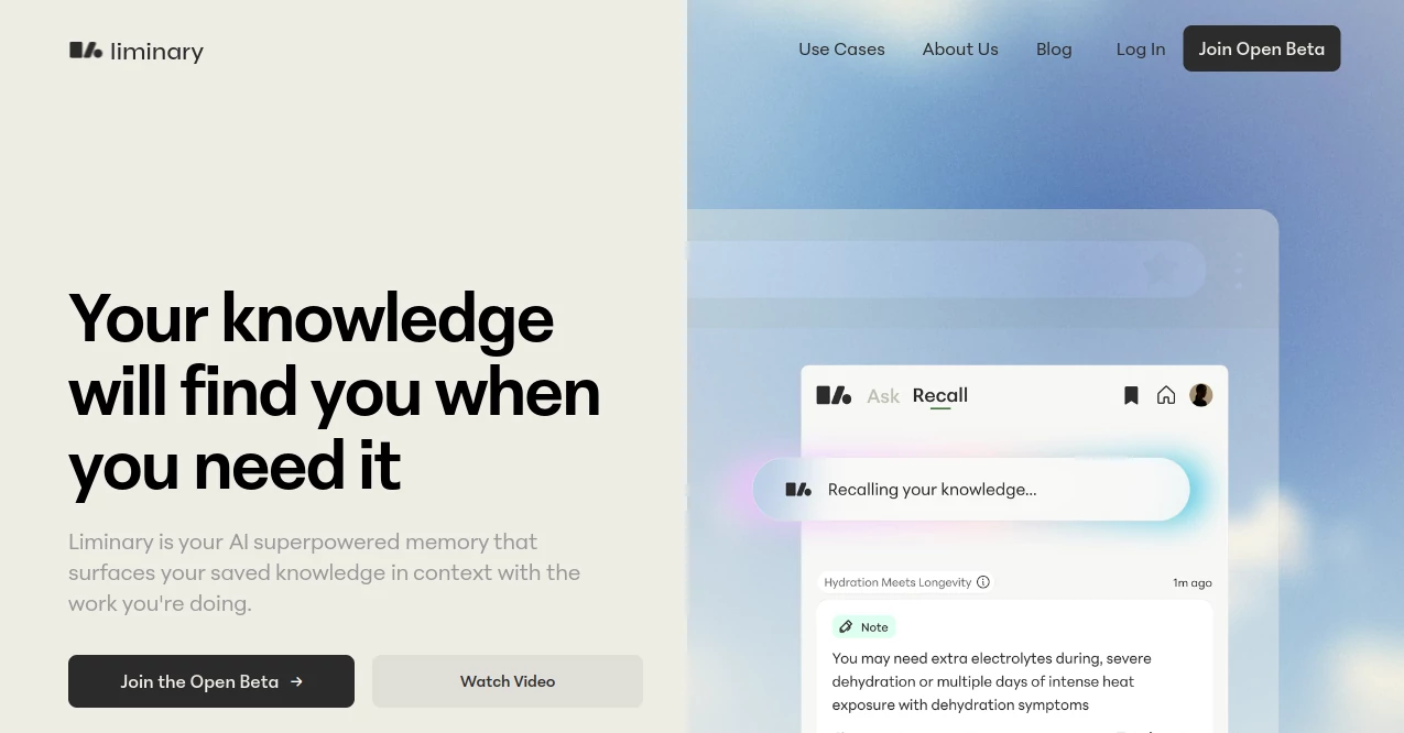 Screenshot of liminary – An AI tool in the ,AI Research Tool ,AI Knowledge Base ,AI Knowledge Management ,AI Notes Assistant  category, showcasing its interface and key features.