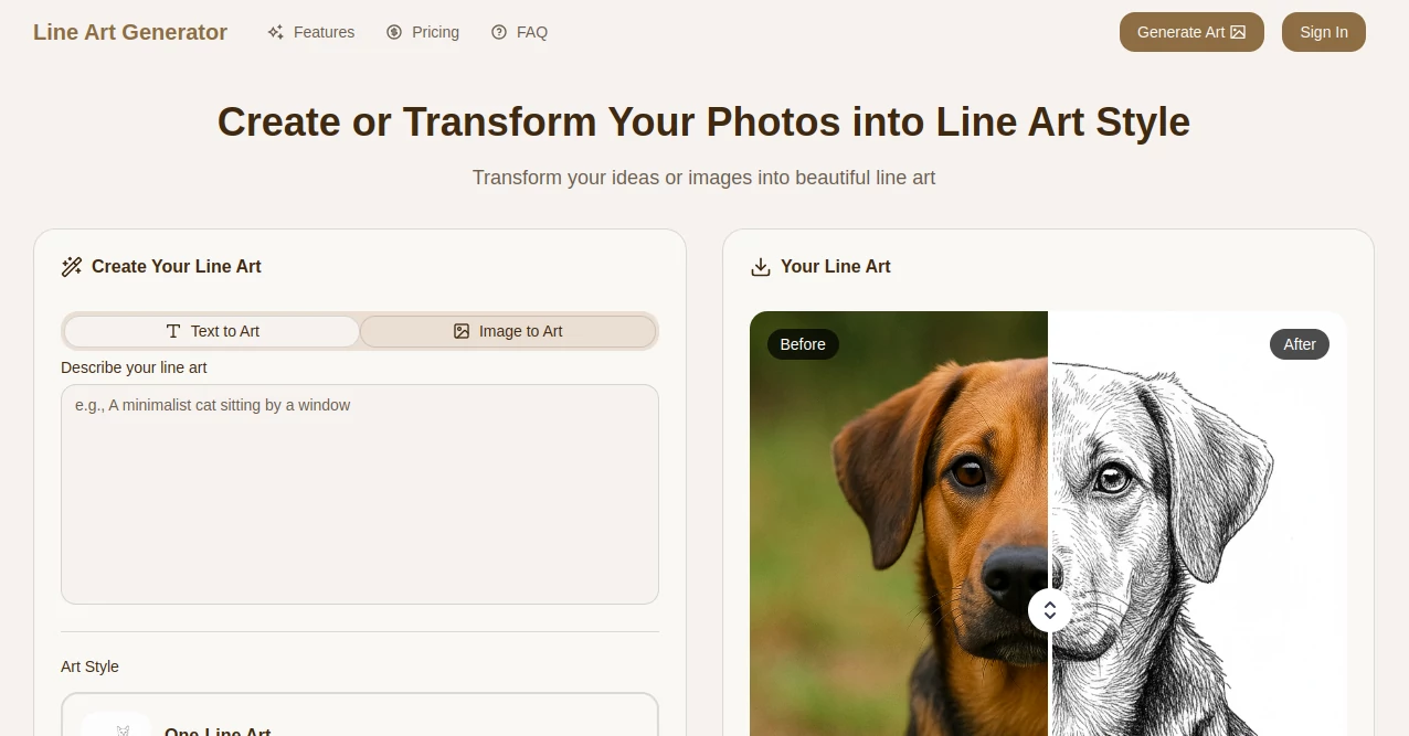 Screenshot of Line Art Generator – An AI tool in the ,AI Illustration Generator ,Photo & Image Editor ,AI Image to Image ,AI Art Generator  category, showcasing its interface and key features.
