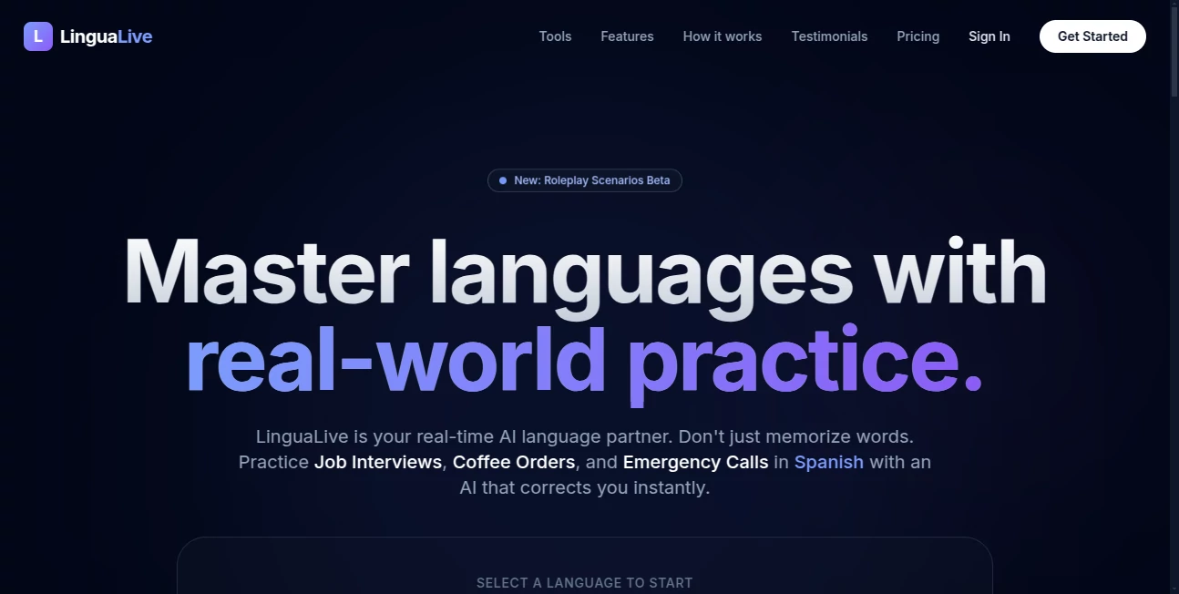 Screenshot of Lingua Live – An AI tool in the ,AI Voice Chat Generator ,AI Coaching ,AI Education Assistant  category, showcasing its interface and key features.