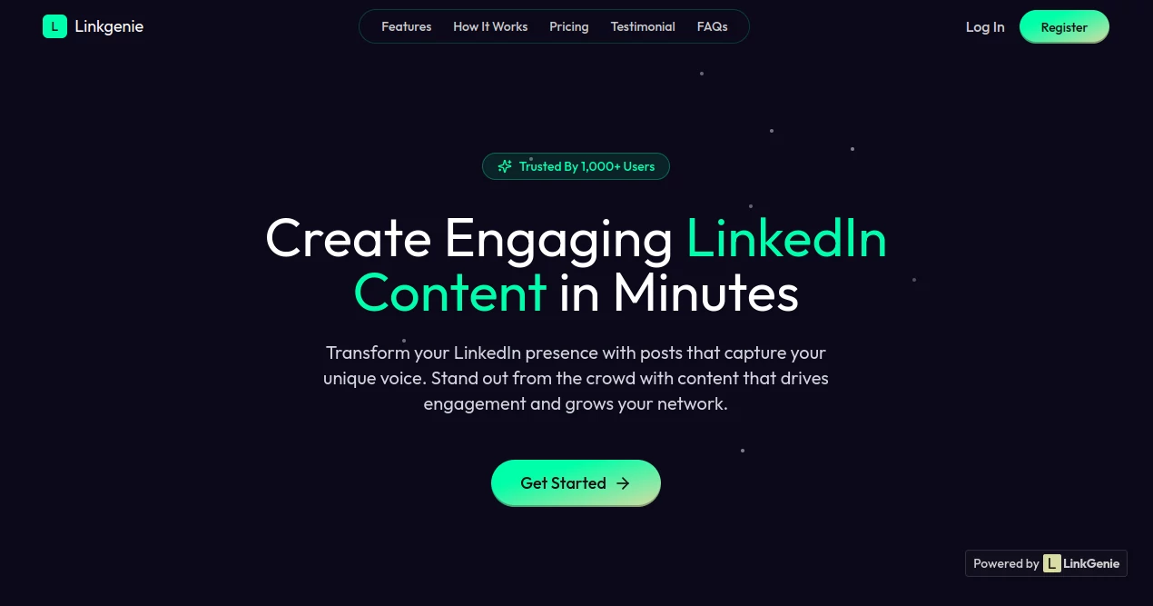 Screenshot of Linkgenie – An AI tool in the ,AI Content Generator ,AI Social Media Assistant ,Text & Writing  category, showcasing its interface and key features.