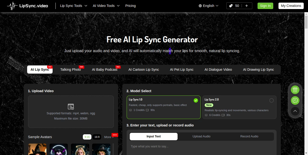 Screenshot of AI Lip Sync Generator – An AI tool in the ,AI Animated Video ,AI Image to Video ,AI Video Generator ,AI Lip Sync Generator  category, showcasing its interface and key features.