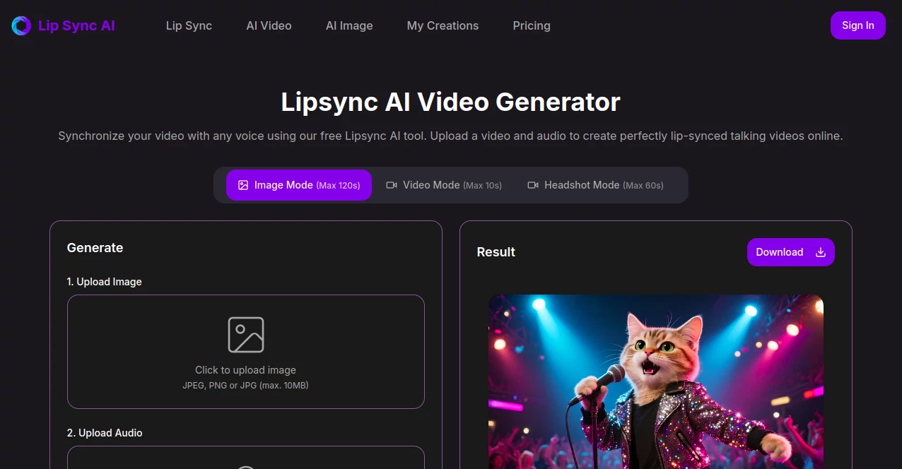 Screenshot of Lip Sync AI – An AI tool in the ,AI Video Generator ,AI Lip Sync Generator  category, showcasing its interface and key features.
