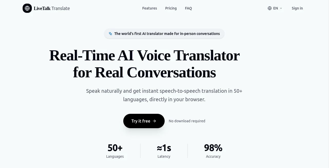 Screenshot of livetalktranslate – An AI tool in the ,AI Translate ,AI Speech Recognition ,AI Speech Synthesis ,AI Voice Assistants  category, showcasing its interface and key features.