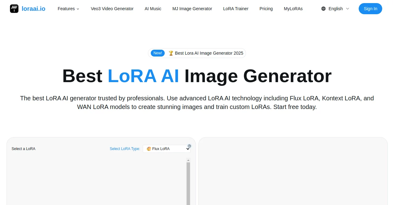 Screenshot of Lora AI – An AI tool in the ,AI Photo & Image Generator ,AI Image to Image ,AI Art Generator ,AI Design Generator  category, showcasing its interface and key features.