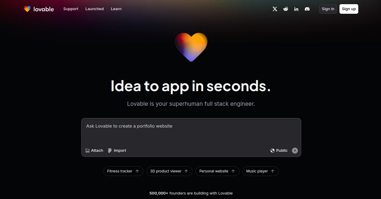 Screenshot of Lovable – An AI tool in the ,AI Photo & Image Generator ,AI App Builder ,AI Website Designer ,Prompt ,AI Landing Page Builder ,AI Website Builder ,AI No-Code & Low-Code  category, showcasing its interface and key features.