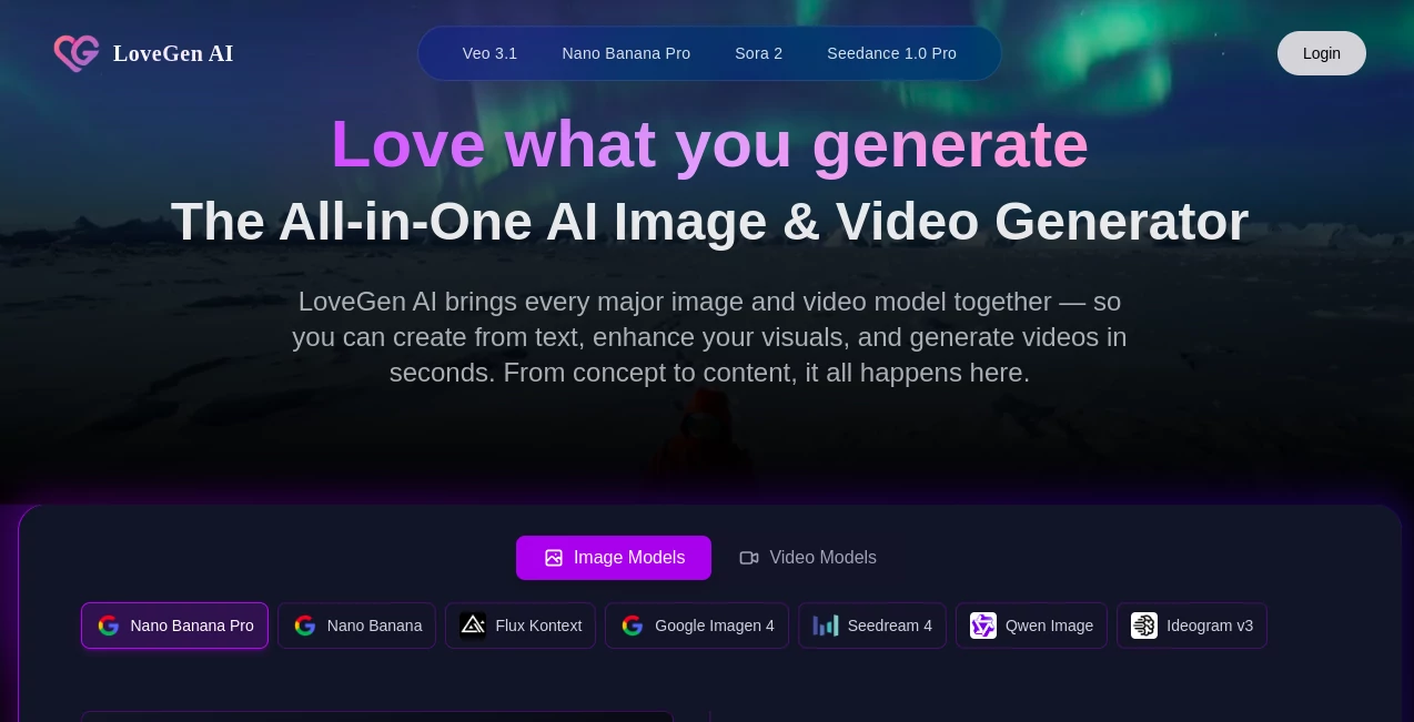 Screenshot of LoveGen AI – An AI tool in the ,AI Photo & Image Generator ,AI Video Generator ,AI Art Generator ,AI Design Assistant  category, showcasing its interface and key features.