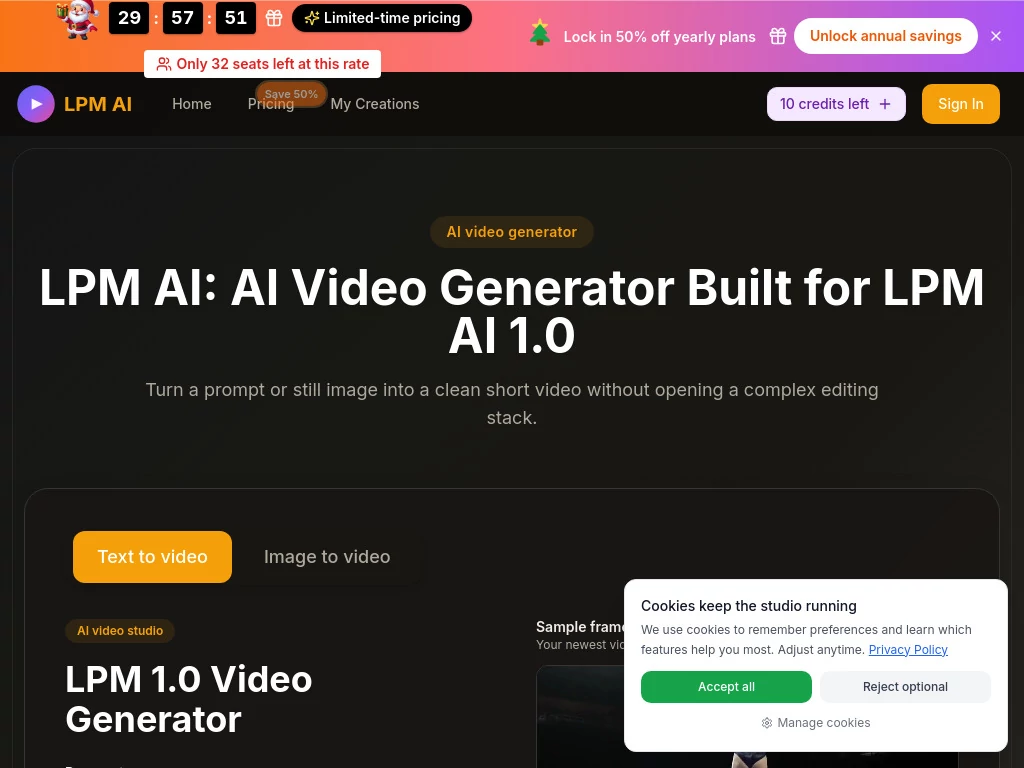 Screenshot of LPM AI: – An AI tool in the ,AI Photo & Image Generator ,AI Design Assistant ,AI Art Generator ,AI Graphic Design  category, showcasing its interface and key features.