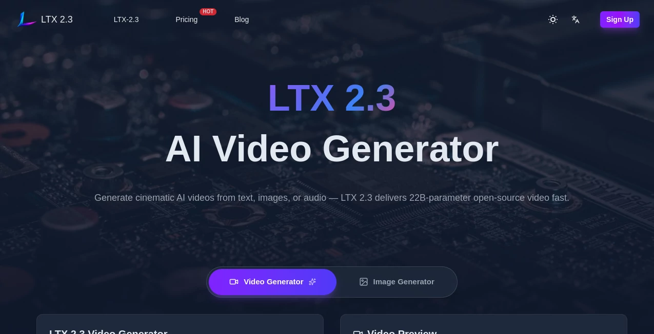Screenshot of Ltx 2.3 – An AI tool in the ,AI Animated Video ,AI Image to Video ,AI Video Generator ,AI Text to Video  category, showcasing its interface and key features.