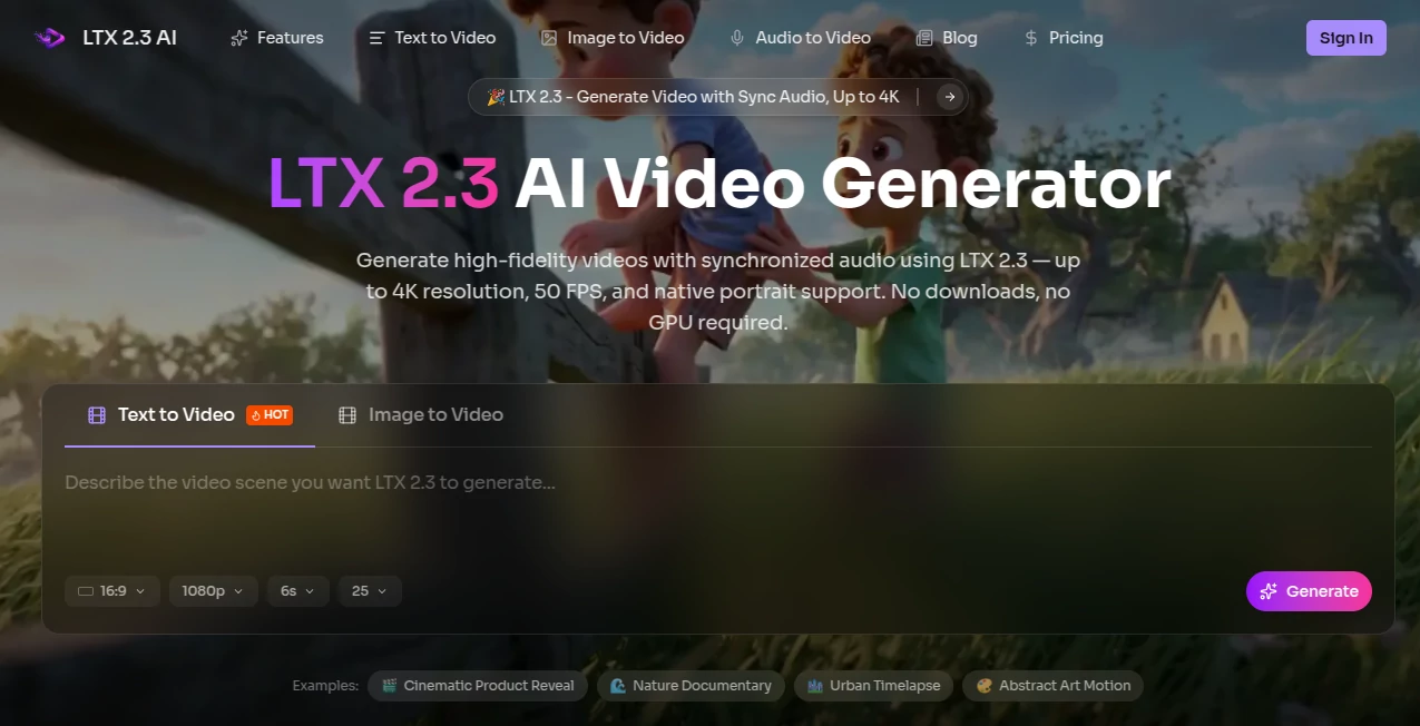 Screenshot of LTX 2.3 – An AI tool in the ,AI Animated Video ,AI Image to Video ,AI Video Generator ,AI Text to Video  category, showcasing its interface and key features.