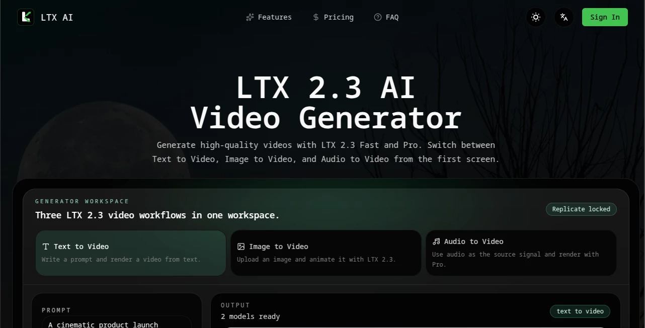 Screenshot of Ltx AI - Ltx 2.3 – An AI tool in the ,AI Animated Video ,AI Image to Video ,AI Video Generator ,AI Text to Video  category, showcasing its interface and key features.