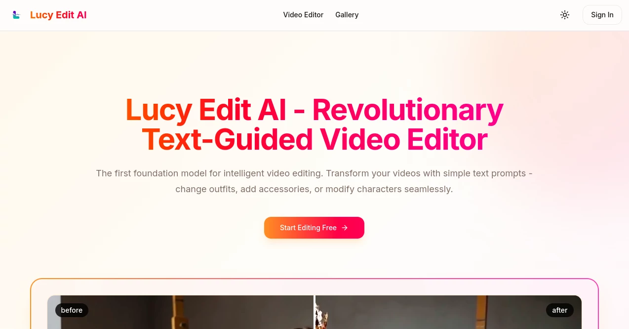 Screenshot of Lucy Edit AI – An AI tool in the ,AI Image to Video ,AI Video Editor ,AI Video Enhancer ,AI Video Generator  category, showcasing its interface and key features.