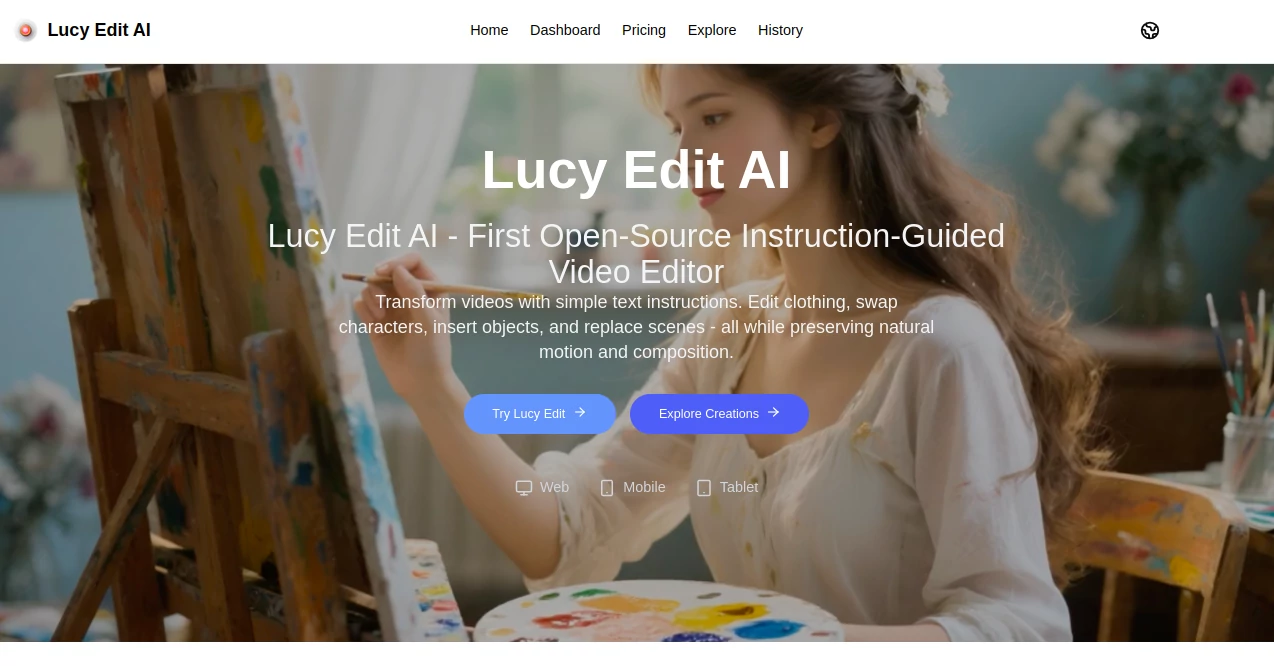 Screenshot of Lucy Edit AI – An AI tool in the ,AI Image to Video ,AI Video Editor ,AI Video Enhancer ,AI Video Generator  category, showcasing its interface and key features.
