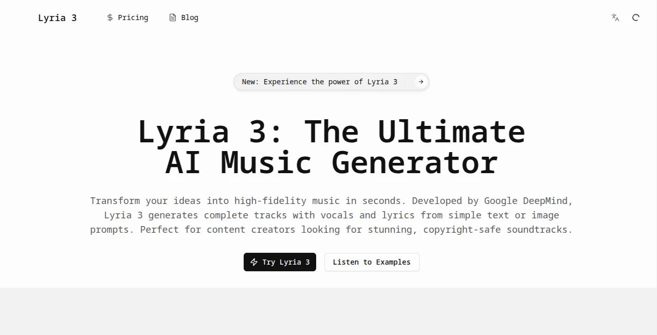 Screenshot of Lyria 3 – An AI tool in the ,AI Content Generator ,AI Video Generator ,AI Music Generator ,AI Voice & Audio Editing  category, showcasing its interface and key features.