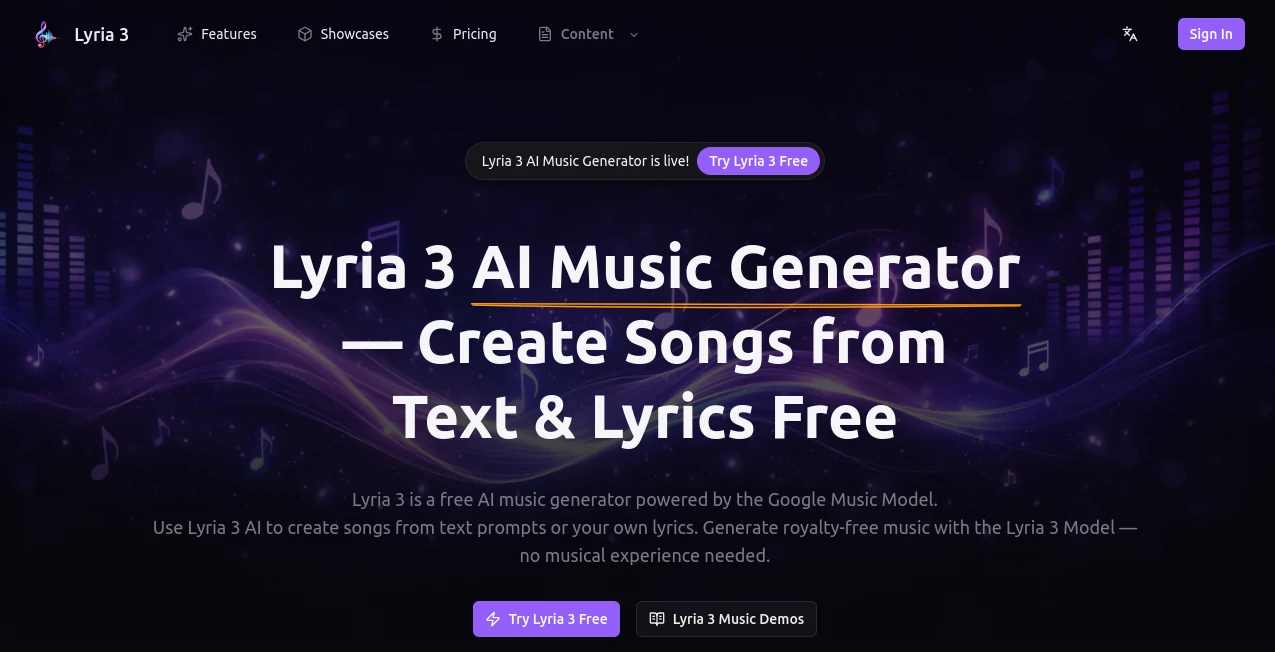 Screenshot of Lyria 3 AI Music Generator – An AI tool in the ,AI Lyrics Generator ,AI Music Generator ,AI Text to Music ,AI Singing Generator  category, showcasing its interface and key features.