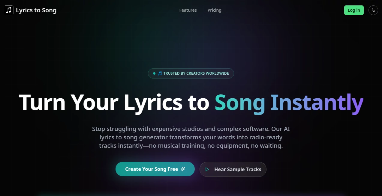 Screenshot of Lyrics to Song – An AI tool in the ,AI Text to Music ,AI Lyrics Generator ,AI Music Generator ,AI Voice & Audio Editing  category, showcasing its interface and key features.