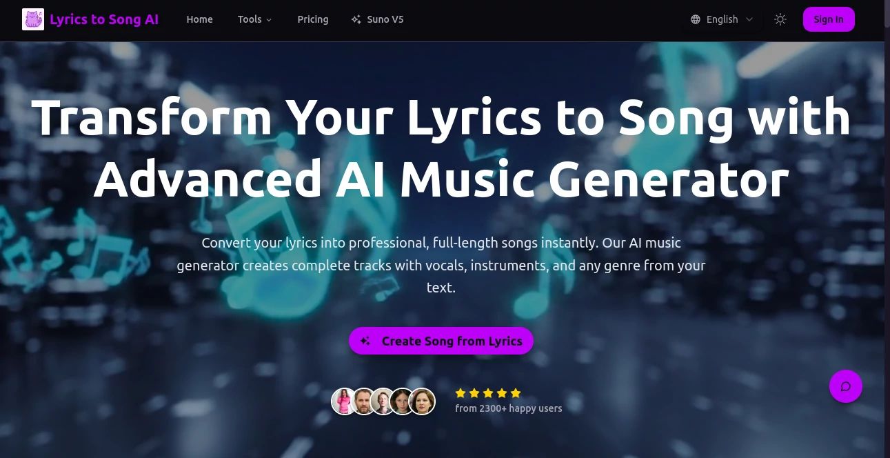 Screenshot of Lyrics to Song AI – An AI tool in the ,AI Lyrics Generator ,AI Music Generator ,AI Voice & Audio Editing ,AI Singing Generator  category, showcasing its interface and key features.