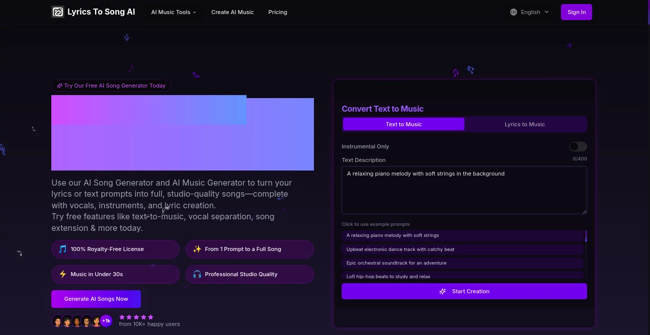 Screenshot of Lyrics to Song AI – An AI tool in the ,AI Lyrics Generator ,AI Music Generator  category, showcasing its interface and key features.