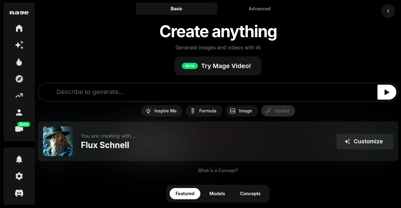 Screenshot of Mage – An AI tool in the ,AI Poster Generator ,AI Art Generator ,AI Anime & Cartoon Generator ,AI Image to Image ,AI Selfie & Portrait ,AI Wallpaper Generator ,Photo & Image Editor ,AI Logo Generator ,AI Icon Generator ,AI Cover Generator ,AI Banner Generator ,AI Background Generator ,AI Avatar Generator ,AI Illustration Generator ,AI Photo & Image Generator ,AI Text to Image ,Large Language Models (LLMs)  category, showcasing its interface and key features.