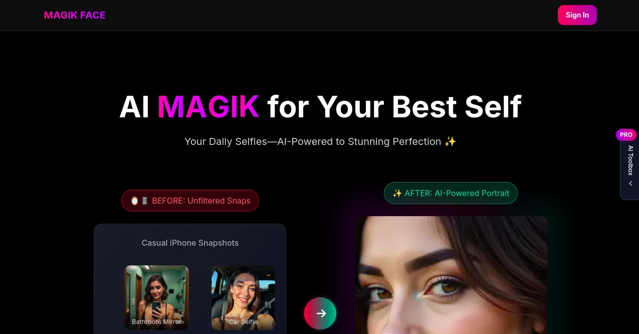 Screenshot of MAGIK FACE – An AI tool in the ,AI Photo Enhancer ,Photo & Image Editor ,AI Art Generator ,AI Face Swap Generator  category, showcasing its interface and key features.