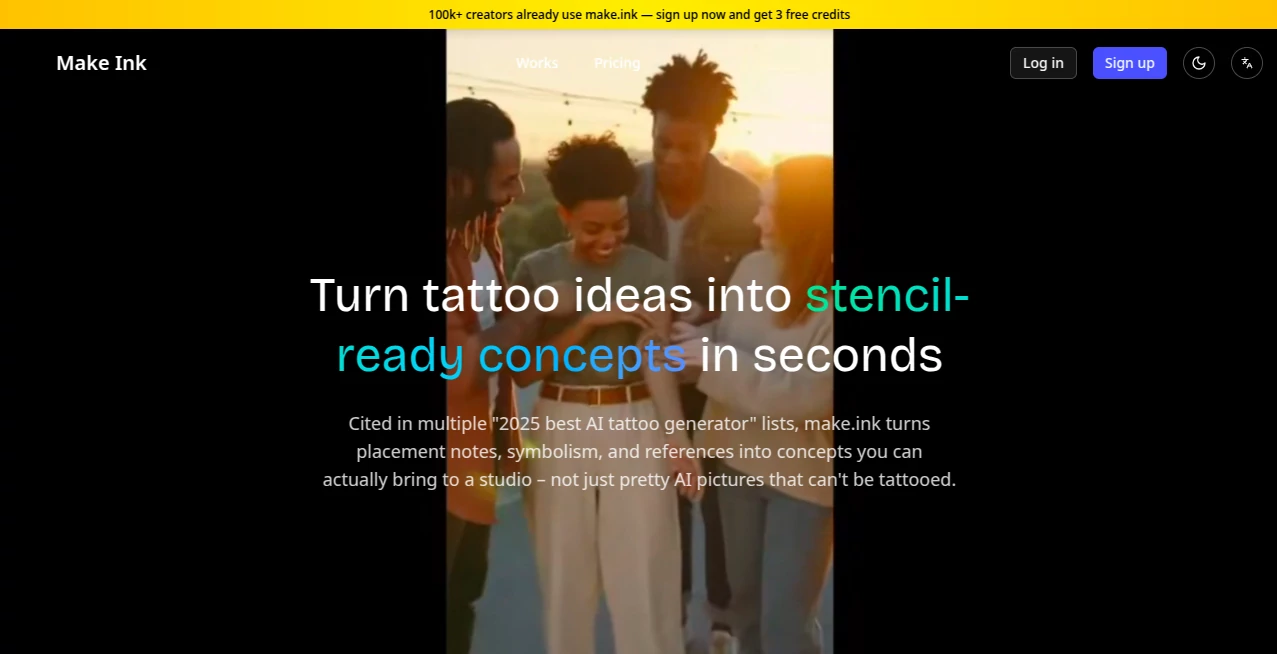 Screenshot of Make Ink – An AI tool in the ,AI Illustration Generator ,AI Tattoo Generator ,AI Image to Image ,AI Design Generator  category, showcasing its interface and key features.