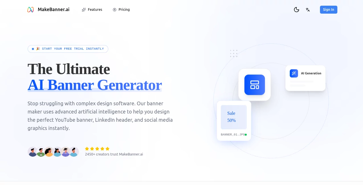 Screenshot of MakeBanner.ai – An AI tool in the ,AI Banner Generator ,AI Cover Generator ,AI Graphic Design ,AI Design Generator  category, showcasing its interface and key features.