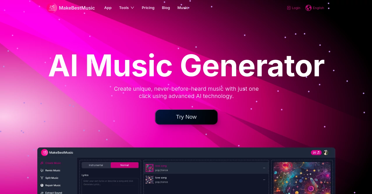 Screenshot of MakeBestMusic – An AI tool in the ,AI Music Generator ,AI Text to Music ,AI Singing Generator ,AI Rap Generator  category, showcasing its interface and key features.