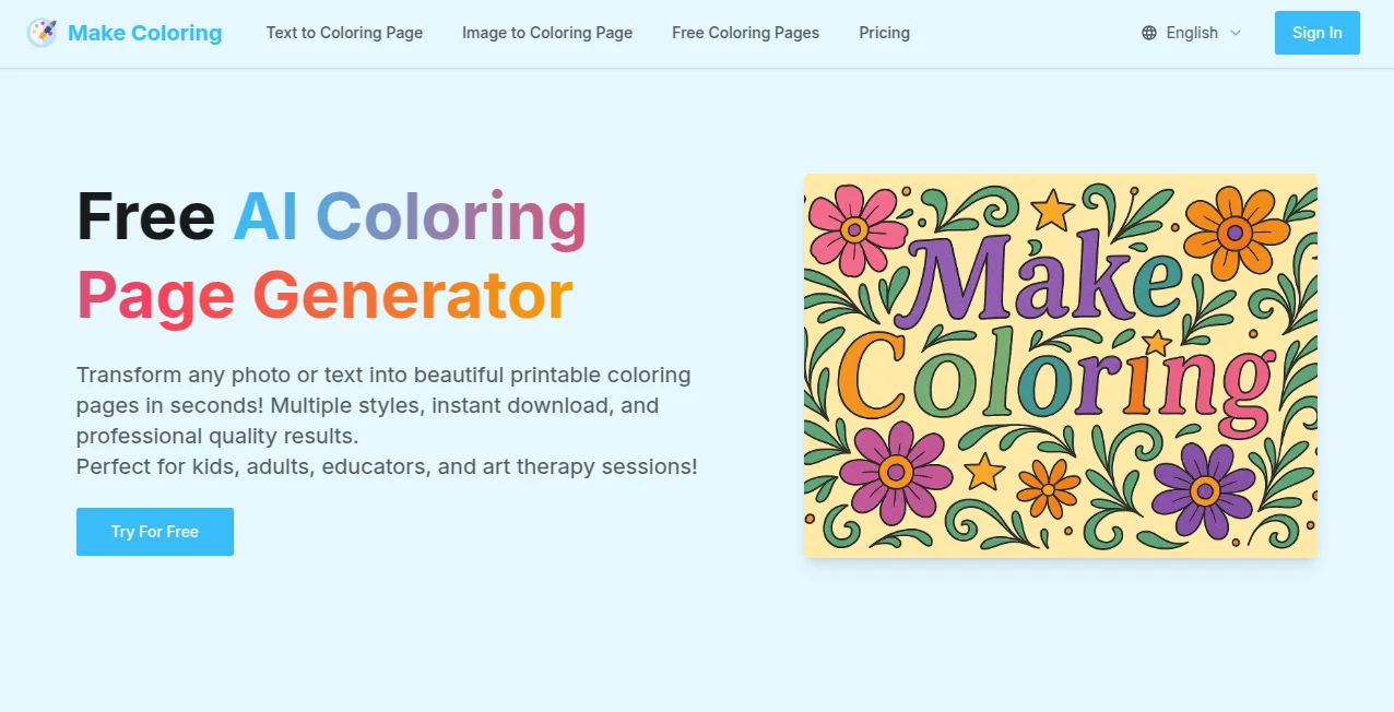 Screenshot of AI Coloring Page Generator – An AI tool in the ,Photo & Image Editor ,AI Image to Image ,AI Design Generator ,AI Fun Tools  category, showcasing its interface and key features.