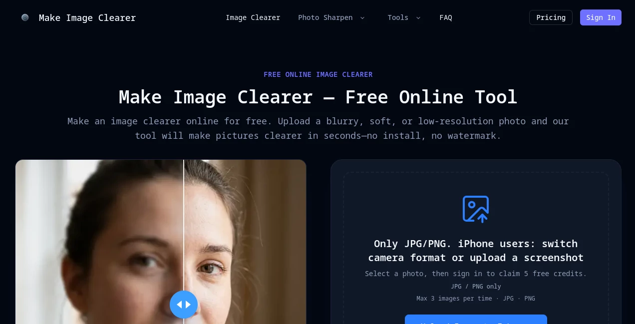 Screenshot of Make Image Clearer – An AI tool in the ,Photo & Image Editor ,AI Photo Enhancer ,AI Photo Restoration ,AI Image to Image  category, showcasing its interface and key features.