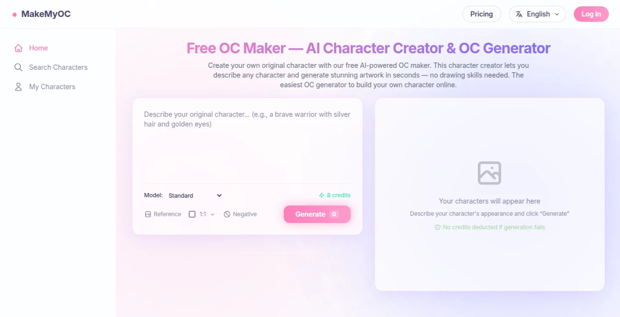 Screenshot of MakeMyOC – An AI tool in the ,AI Image to Image ,AI Character ,AI Art Generator ,AI Design Generator  category, showcasing its interface and key features.