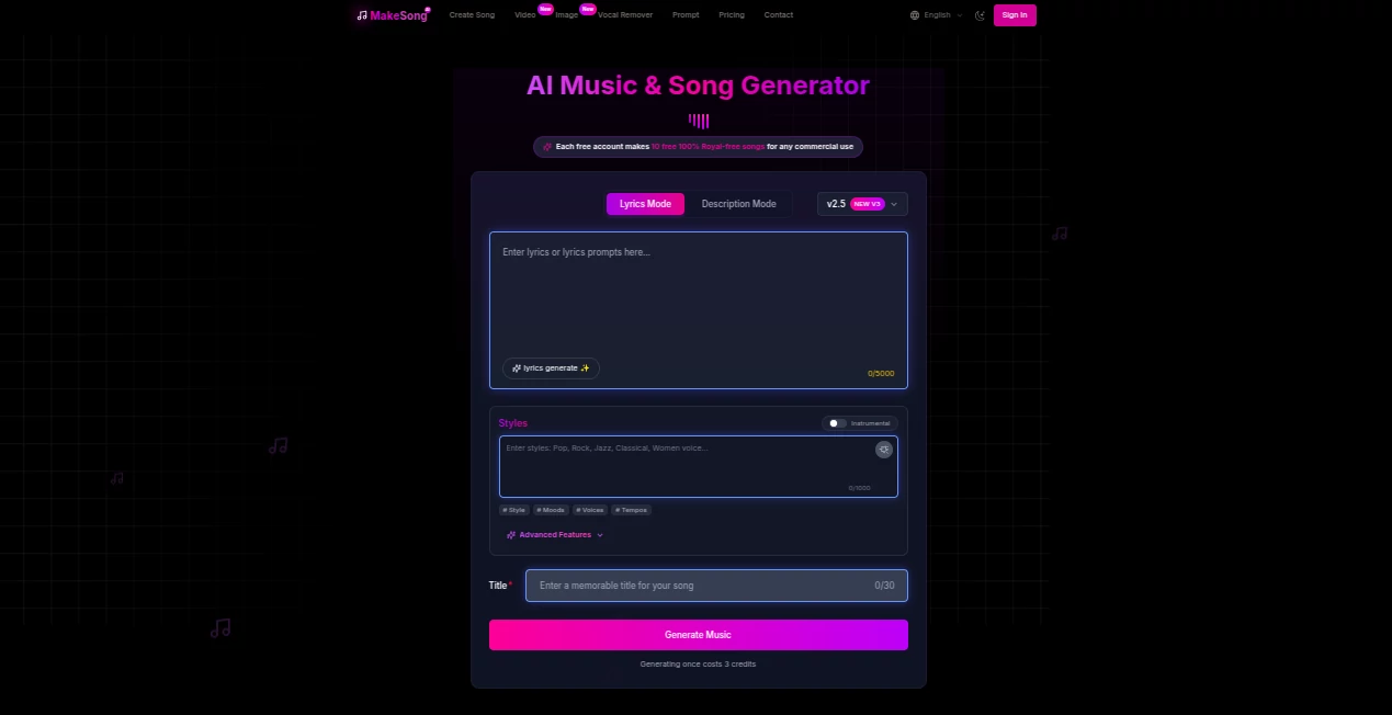 Screenshot of Make Song-AI Song Generator – An AI tool in the ,AI Lyrics Generator ,AI Music Generator ,AI Text to Music ,AI Singing Generator  category, showcasing its interface and key features.