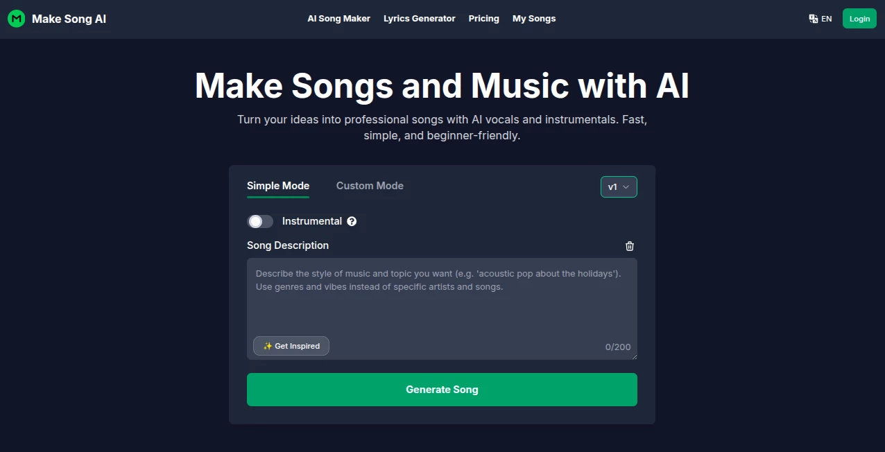 Screenshot of Make Song AI – An AI tool in the ,AI Lyrics Generator ,AI Music Generator ,AI Text to Music ,AI Singing Generator  category, showcasing its interface and key features.