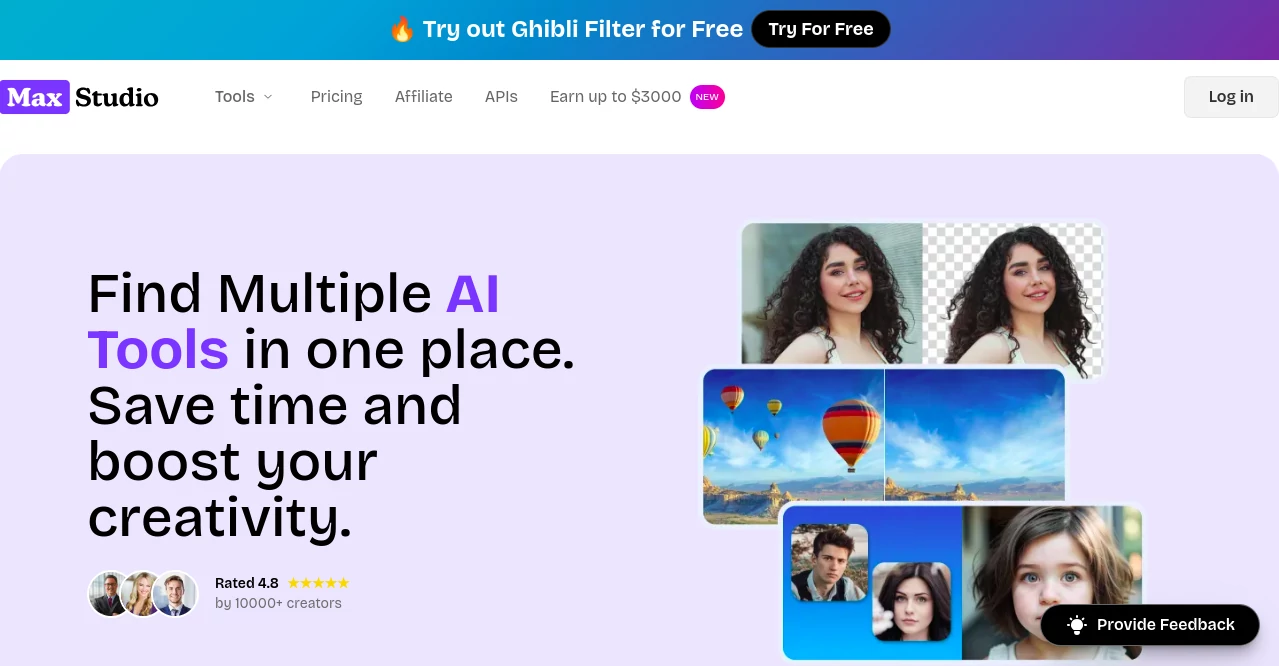 Screenshot of Max Studio AI – An AI tool in the ,AI Photo & Image Generator ,AI Art Generator ,AI Tools Directory ,AI Anime Art ,Prompt ,AI Background Remover ,AI Fun Tools ,AI Face Swap Generator ,AI Anime & Cartoon Generator  category, showcasing its interface and key features.