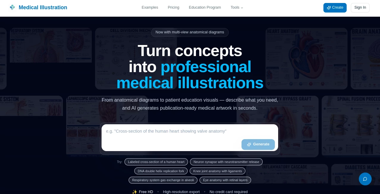 Screenshot of Medical Illustration AI – An AI tool in the ,Photo & Image Editor ,AI Image to Image ,AI Design Generator  category, showcasing its interface and key features.