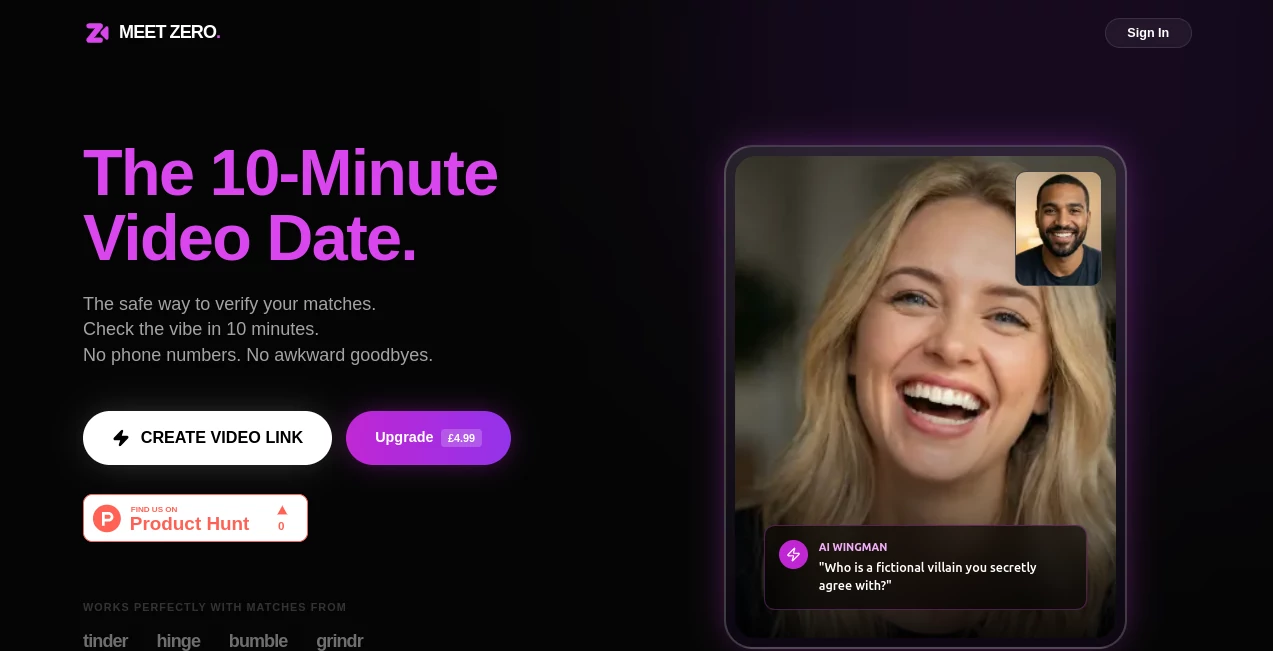 Screenshot of MEET ZERO – An AI tool in the ,AI Chatbot ,AI Dating Assistant ,AI Fun Tools ,AI Coaching  category, showcasing its interface and key features.