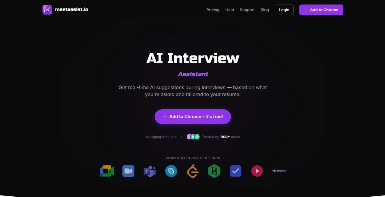 Screenshot of MeetAssist – An AI tool in the ,AI Productivity Tools ,AI Interview Assistant ,AI Meeting Assistant ,AI Voice Assistants  category, showcasing its interface and key features.