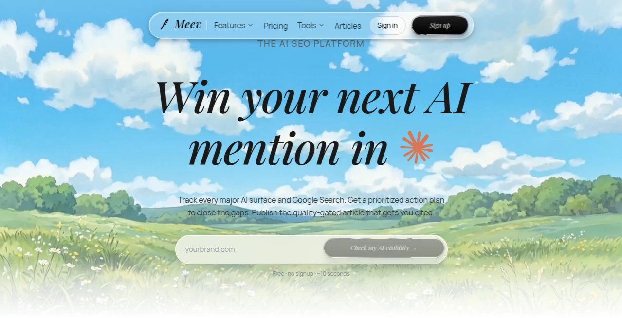 Screenshot of Meev – An AI tool in the ,AI Content Generator ,AI Analytics Assistant ,AI SEO Assistant ,AI Marketing Plan Generator  category, showcasing its interface and key features.
