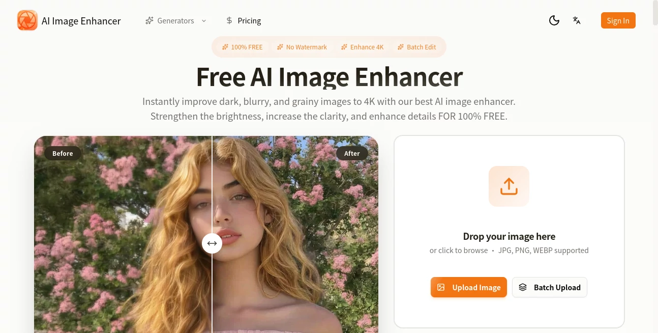 Screenshot of AI Image Enhancer – An AI tool in the ,AI Image Recognition ,Photo & Image Editor ,AI Photo Enhancer ,AI Design Generator  category, showcasing its interface and key features.