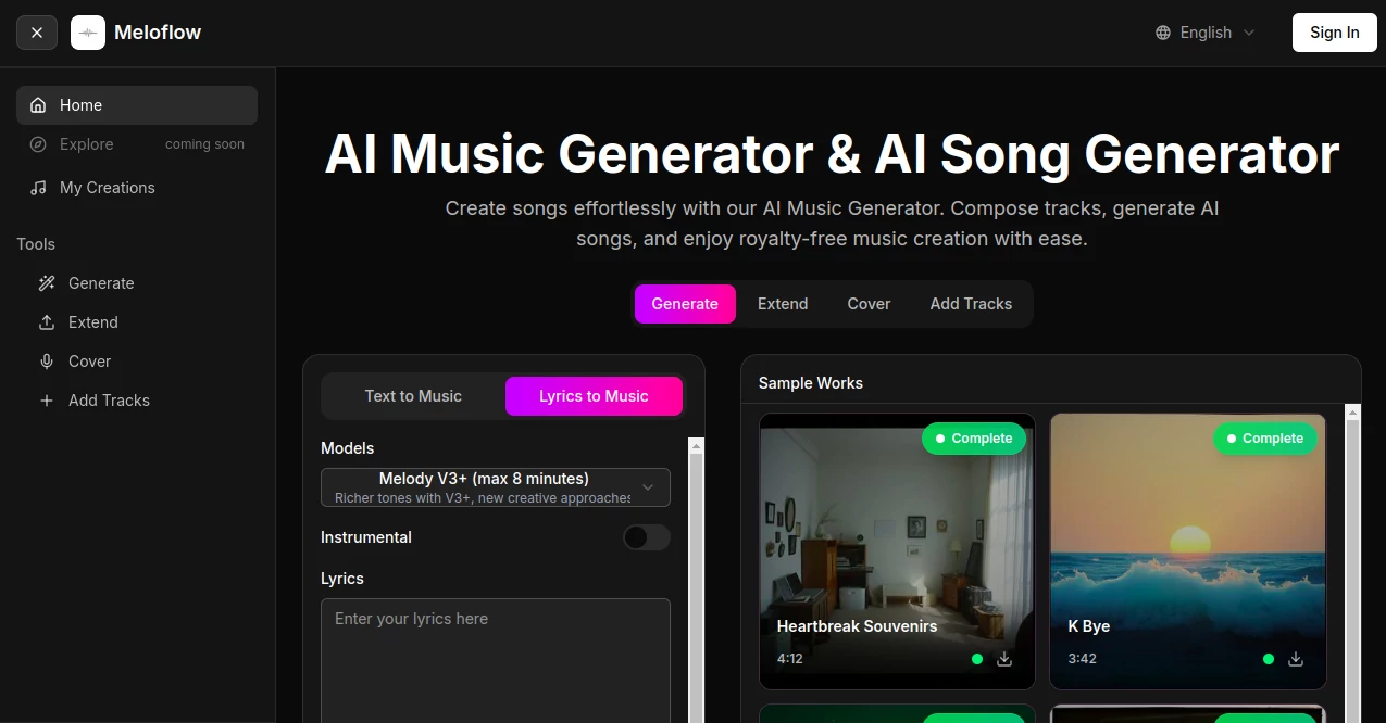 Screenshot of Meloflow – An AI tool in the ,AI Audio Enhancer ,AI Music Generator  category, showcasing its interface and key features.
